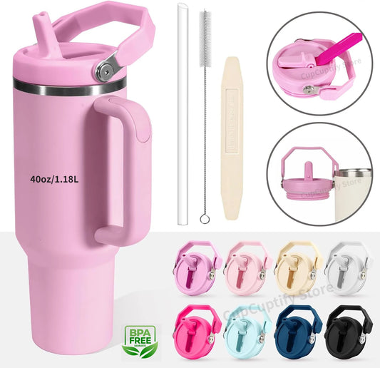 Flip Straw Lid For 40oz Stanley Tumbler Leakproof Portable Handle Lid Exact Color Detachable Flip Straw With Brush&Removal Tool