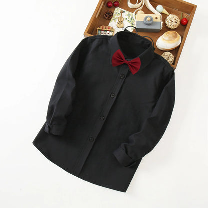 Boys White Black Long Sleeve Formal Shirt - Kids School Uniform Party Performance Blouse | Ages 1-12+