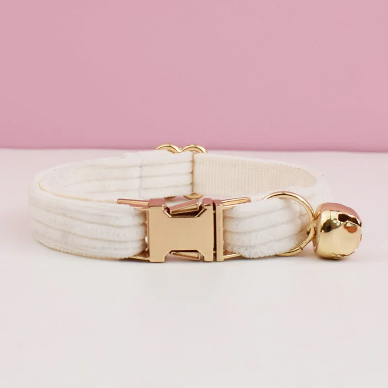 Personalized Corduroy Cat Collar with Engraved Name Plate, Bell & Bow Tie - Custom Breakaway Safety Collar