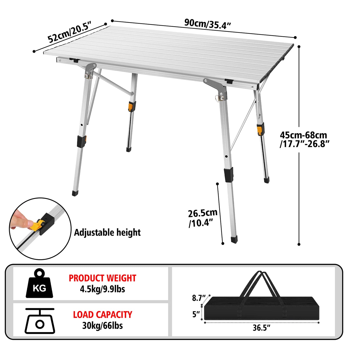 Foldable Aluminum Picnic Table 90x52x68cm, Height Adjustable 45-68 cm, Stable Structure, Anti-slip, Carry Bag