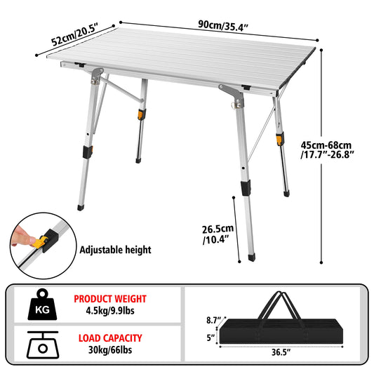 Foldable Aluminum Picnic Table 90x52x68cm, Height Adjustable 45-68 cm, Stable Structure, Anti-slip, Carry Bag