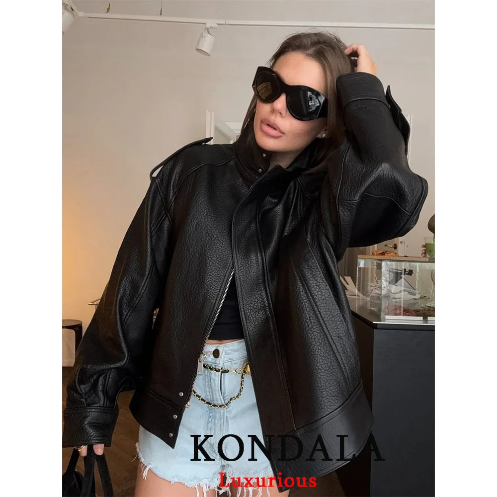 KONDALA Casual Chic Black Leather Jackets Women Long Sleeve Buttons Elastic Oversized Coats Fashion 2026 Spring Streetwear Coats