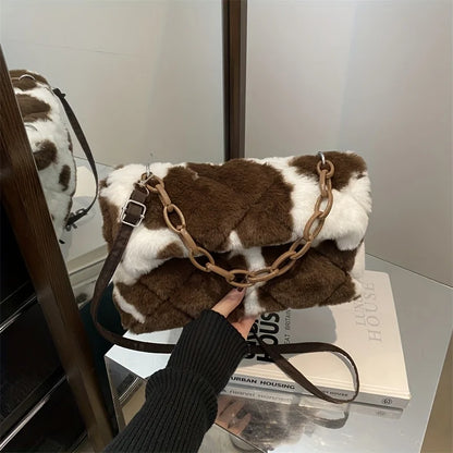 Korean Style Leopard Print Plush Crossbody Handbag for Women - Autumn Winter Fashion Bag