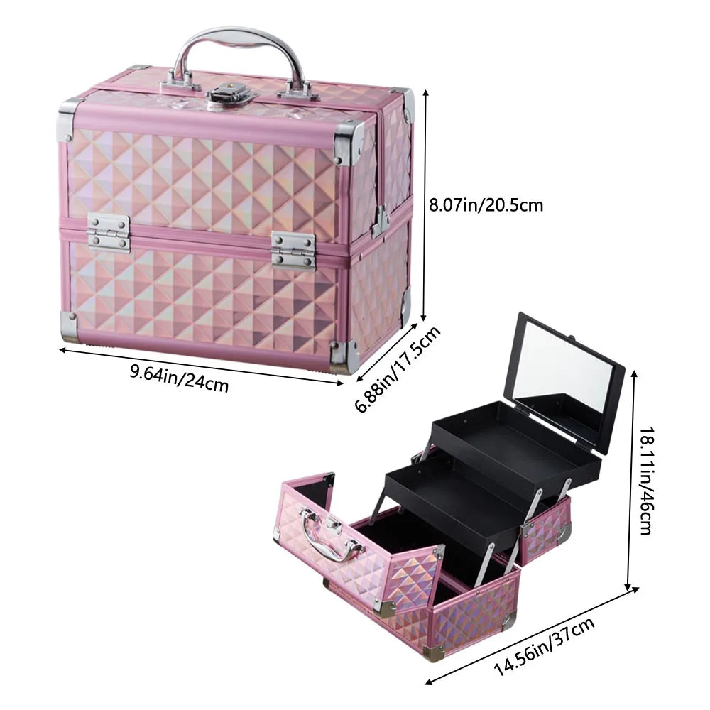 Modishion Professional Makeup Case Portable Makeup Case 2 Trays with Mirror Makeup Tool Storage Box Travel Makeup Case