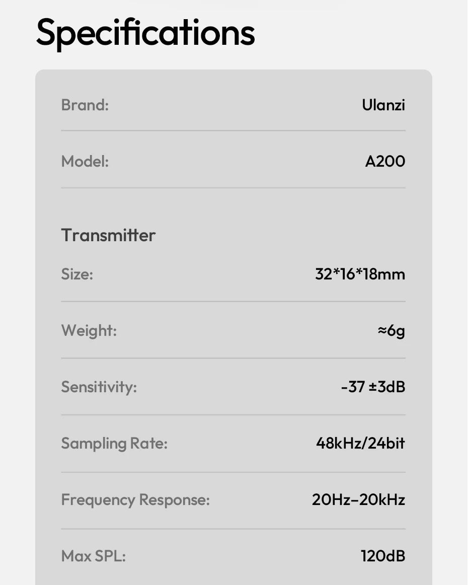 Ulanzi A200 Mini Mic 48kHz/24bit 75dB for Smartphone Camera Livestreaming Street Interview Vlogging Wedding Videography Shots
