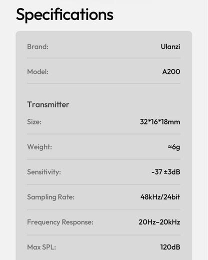 Ulanzi A200 Mini Mic 48kHz/24bit 75dB for Smartphone Camera Livestreaming Street Interview Vlogging Wedding Videography Shots