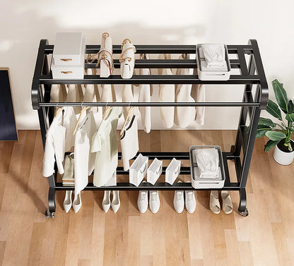 Movable Coat Rack With Universal Wheels Multifunctional Double-deck Simple Clothes Hanger Floor-Standing Bedroom Wardrobe