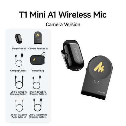 MAONO Wave T1 mini Wireless Lavalier Microphone Mini Lapel Mic for iPhone Android PC AI Noise Cancellation for Video Recording