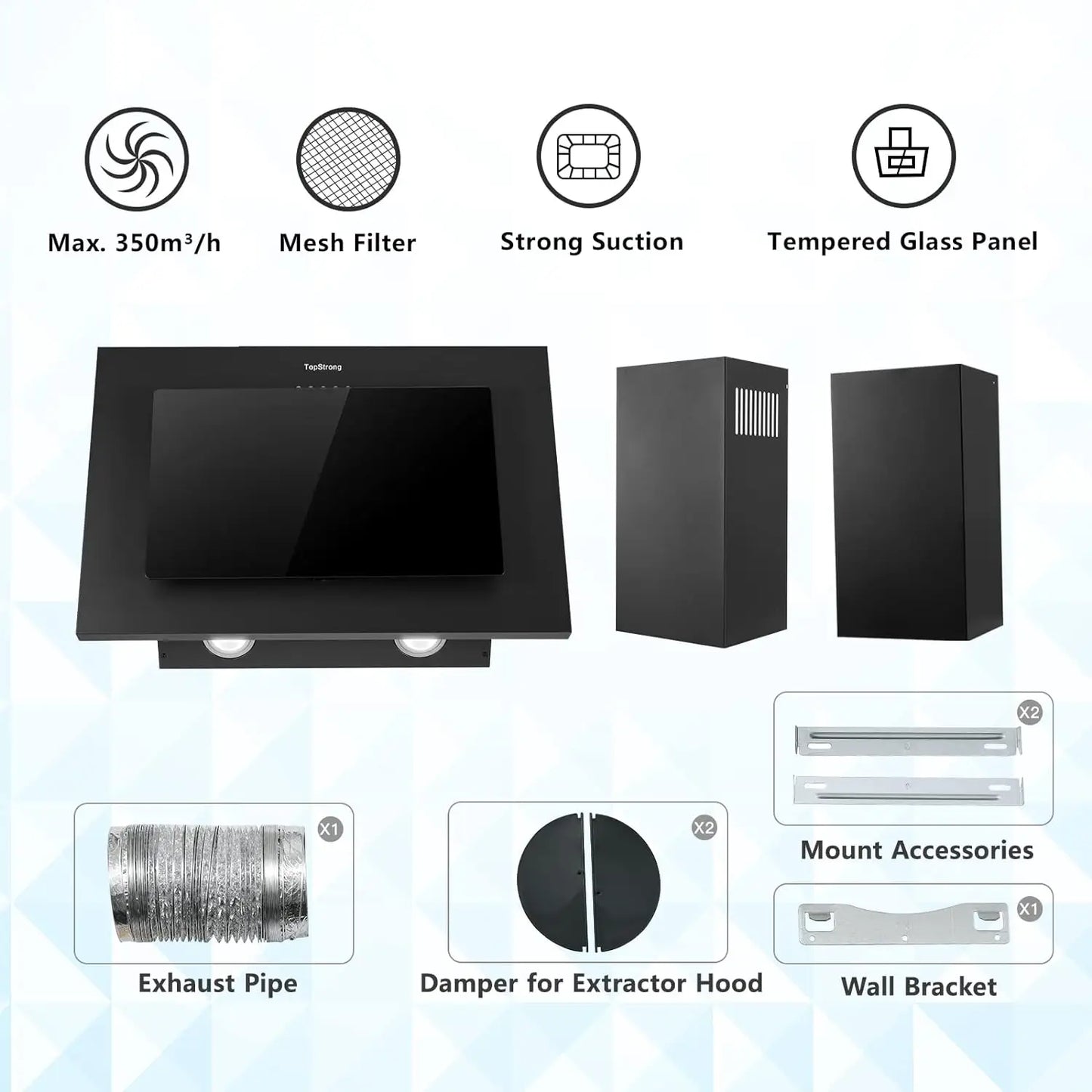 TopStrong 60cm Wall Mount Tempered Glass Stainless Steel Range Cooker Extractor Hood UKGV4760
