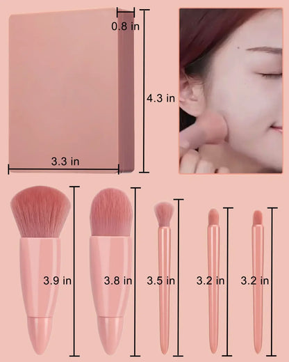 5pcs Mini Makeup Brush Set with Mirror - Multifunctional Travel Cosmetic Brushes, Unscented, Palm Brush Design Makeup Tools