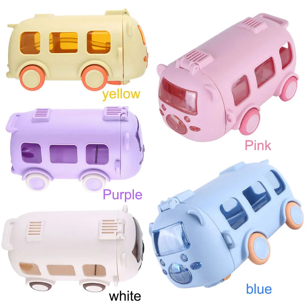 500ML Bus Shape Cartoon Water Cup with Movable Wheels & Strap Plastic Drinking Bottle Leakproof for Home Travel School