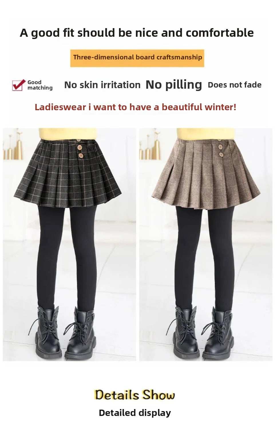 Girls Fleece Skort - Thickened Winter Leggings with Poodle Skirt | Warm Autumn & Winter Bottoms