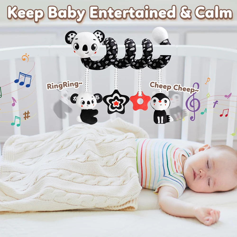 Newborns Spiral Hanging Activity Stroller Toy Baby Carseat Toy Black & White Lion Koala Rattle  for Crib Mobile Sensory Toy Gift