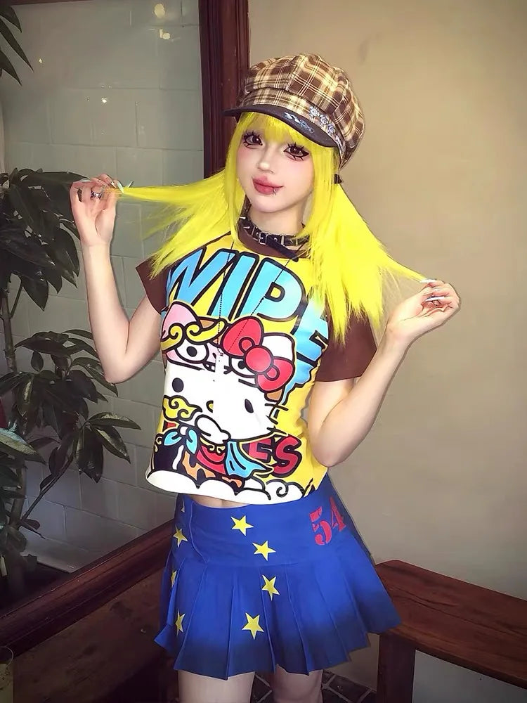 Y2K Sanrio Hello Kitty New Anime Fashion Short Tops Summer Cute Tees Cartoon Printed High Street Gothic Short Hottie T-shirts