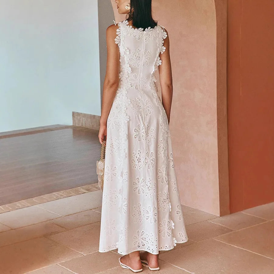 2025 Summer New Fashion Lace Embroidery Women Strap Resort Slimming Long Dress Simple Solid Color Female Banquet Dresses