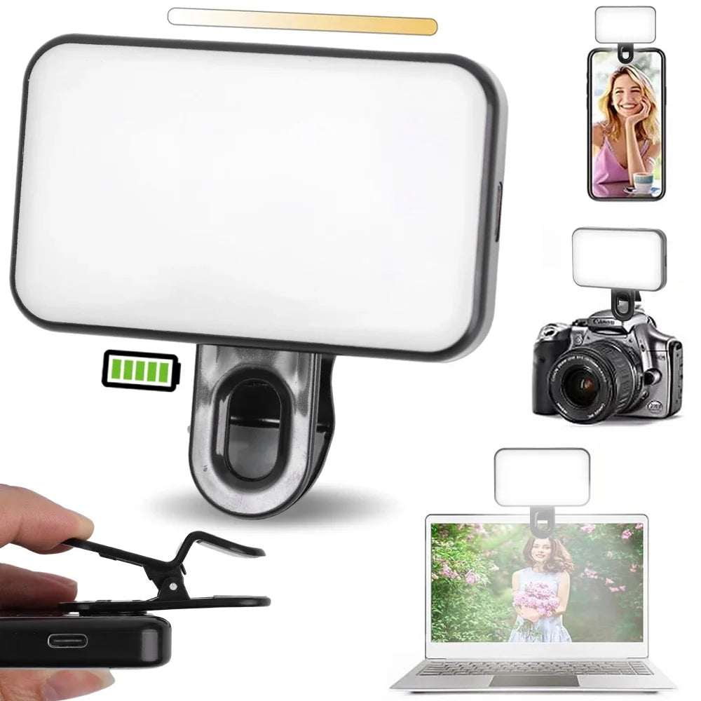 Mini Selfie Fill Light Rechargeable Adjustable Brightness Clip on 3 Mode Led Light for Mobile Phone PC Laptop Clip Filllight