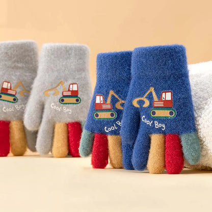 Kids Winter Gloves - Cute Excavator Cartoon Knitted Mittens for Boys & Girls (Ages 7-13)