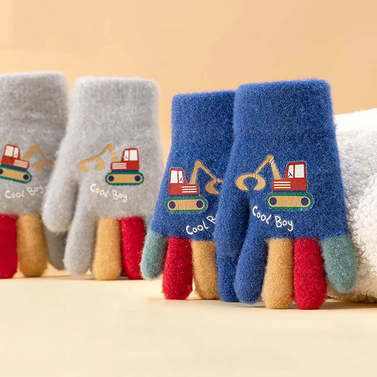 Kids Winter Gloves - Cute Excavator Cartoon Knitted Mittens for Boys & Girls (Ages 7-13)
