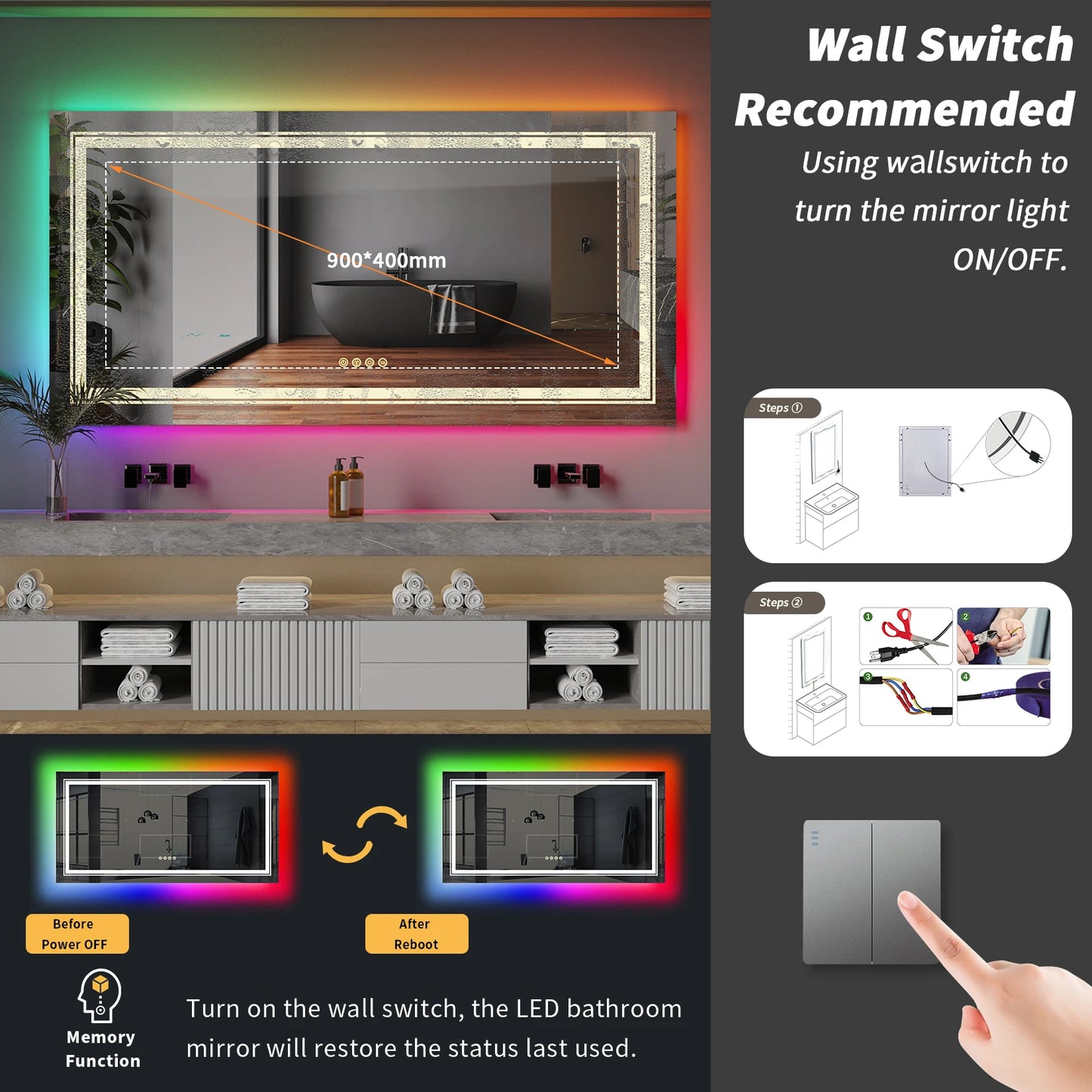 Large Full Size RGB LED Bathroom Mirror with Lights, Dimmable Wall Mirrors, Smart Anti-Fog, Vertical and Horizontal