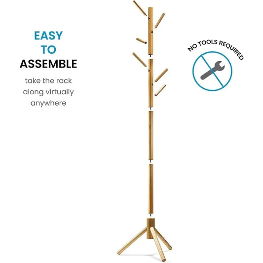 ZOBER Coat Rack Free Standing - Wooden Coat Tree W/ 6 Hooks - Coats, Purses, Hats - Adjustable Sizes, Easy Assembly - Natural