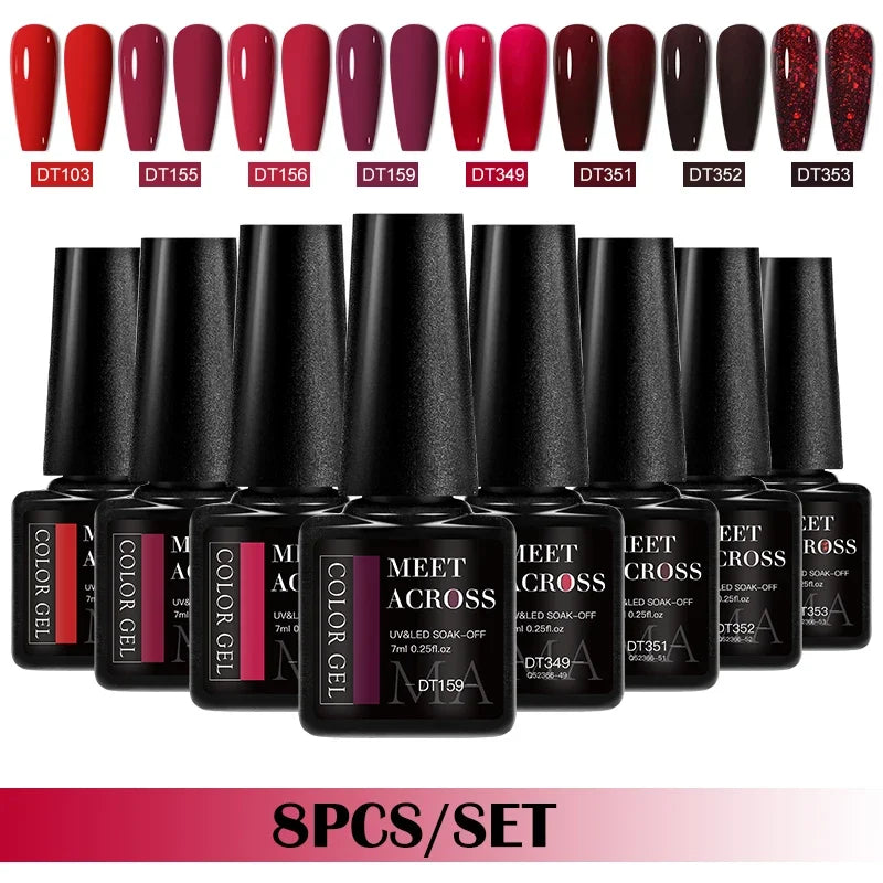 MEET ACROSS 8-teiliges Gel-Nagellack-Set für alle Jahreszeiten, Neon-Marcaron-Grün-Rot-Serie, UV-Gel-Lack-Maniküre-Set, Nagelzubehör