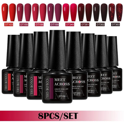 MEET ACROSS 8-teiliges Gel-Nagellack-Set für alle Jahreszeiten, Neon-Marcaron-Grün-Rot-Serie, UV-Gel-Lack-Maniküre-Set, Nagelzubehör