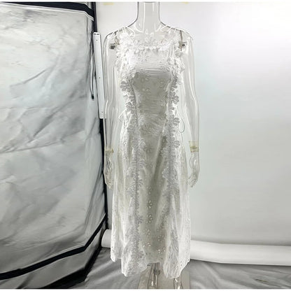 Embroidery Flower Patchwork Long Dress For Women Round Neck Sleeveless Lace Up High Waist Spliced Slim Dresses 2025 Summer New