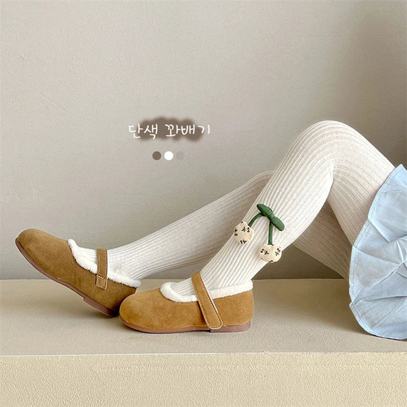 Girls Cotton Tights with Cherry Pattern - Soft Pantyhose for Kids Ages 2-10 Years