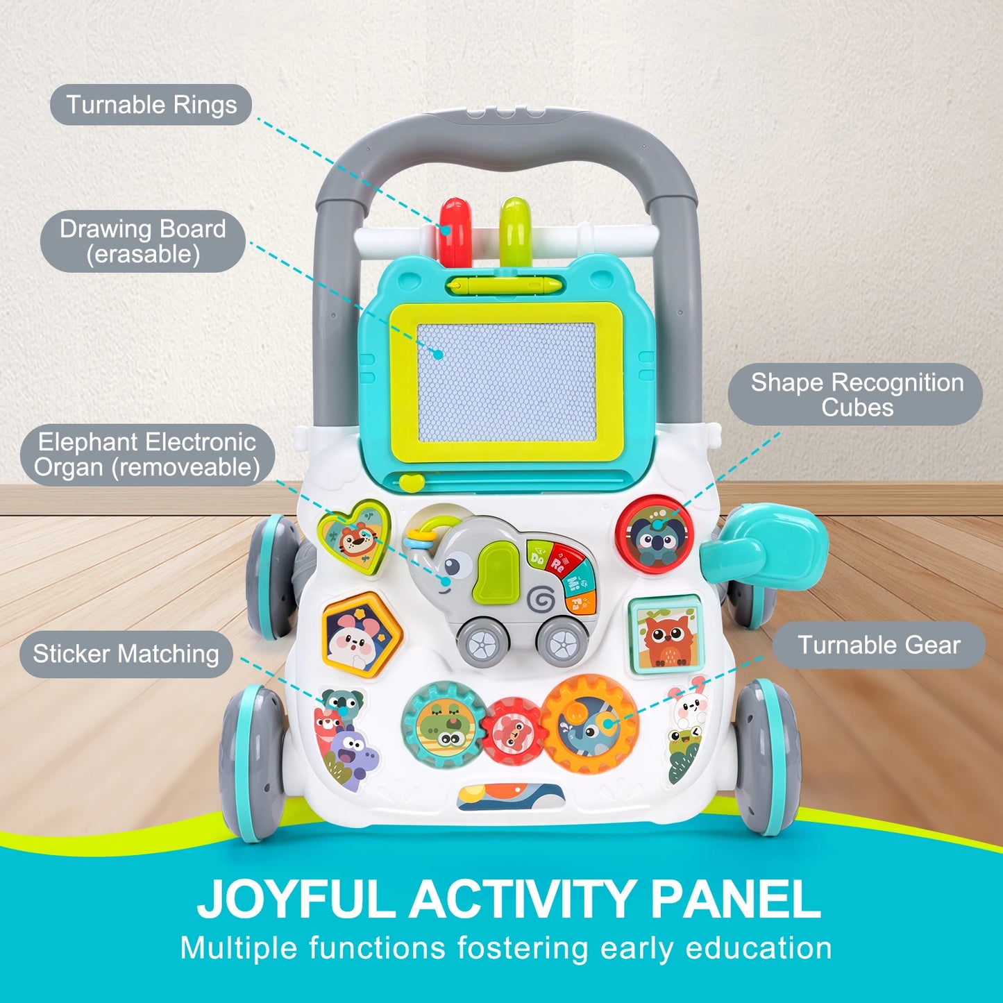 Baby Cartoon Push Walker Toys with Music Drawing Board Multifunction Activity Learning Walk Toddler Walker for 12M+ Infants