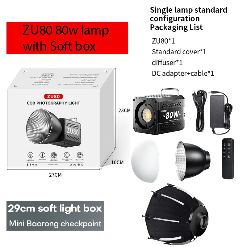 ZU80/ZU60 Photo Studio Light COB Bi-Color 2500-8500K CRI≥95 TLCI≥97 With Diffuser LED Video Lights Fill Lighting