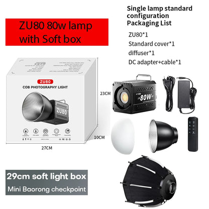 ZU80/ZU60 Photo Studio Light COB Bi-Color 2500-8500K CRI≥95 TLCI≥97 With Diffuser LED Video Lights Fill Lighting