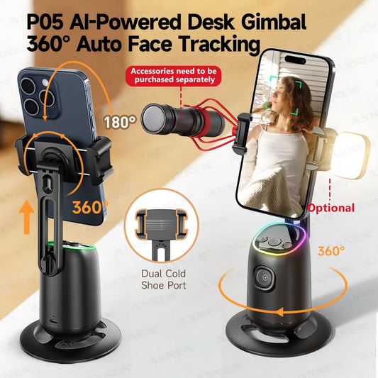P05 AI Follow Gimbal 360 Rotation Face Tracking Stabilizer Filming Portable Desktop Cellphone Holder for Live/Photo