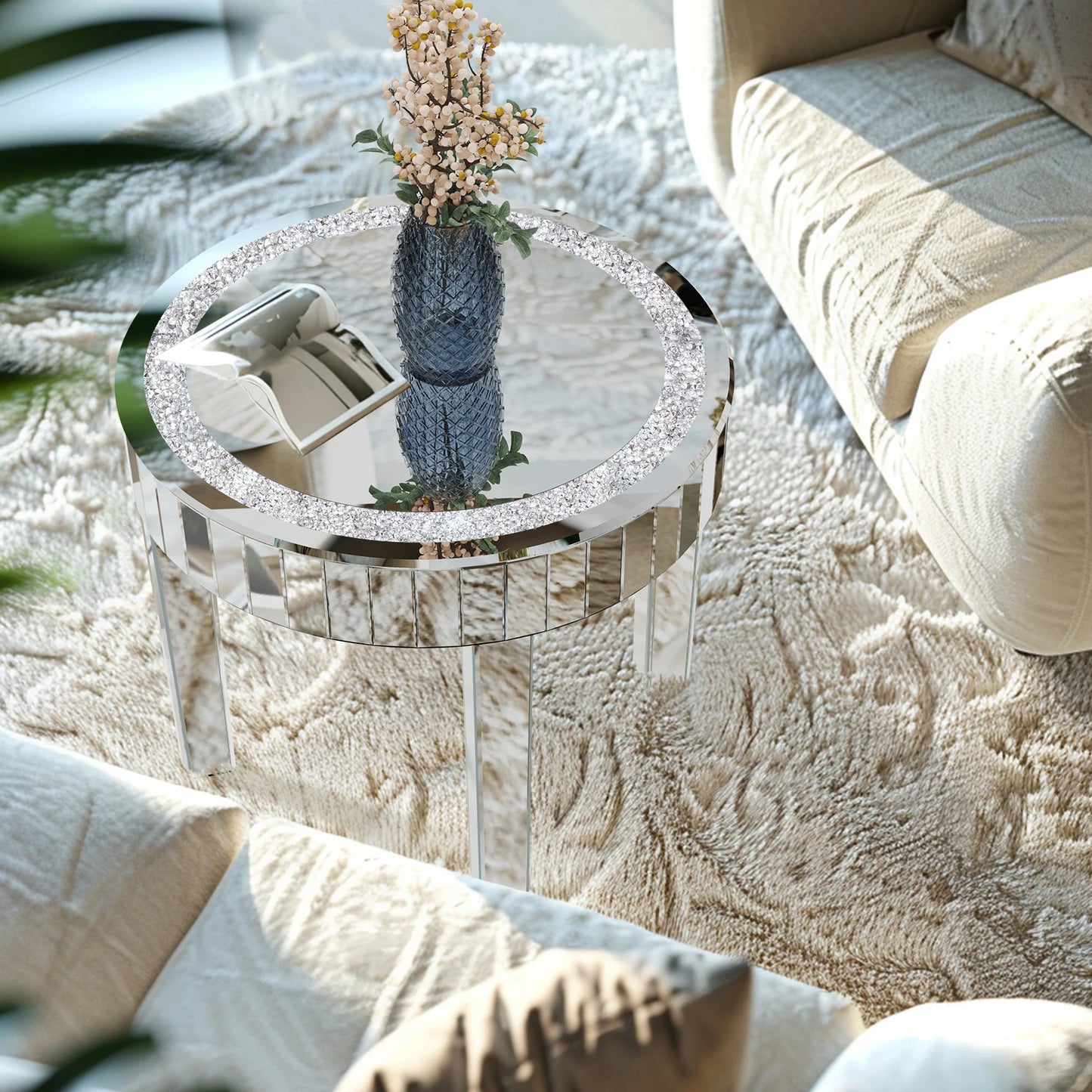 Crushed Crystal Round Mirrored Coffee Table, Sparkle Diamond, Sofa Side End Table, Accent Table, Bedside Table