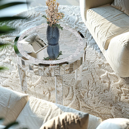 Crushed Crystal Round Mirrored Coffee Table, Sparkle Diamond, Sofa Side End Table, Accent Table, Bedside Table