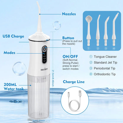 Sejoy C13 Home Oral Irrigator Water Dental Flosser Portable 4 Modes Cordless Rechargeable Waterproof Teeth Pick for Travel,White