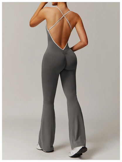 Women's One-Piece V-Neck Gym Romper - Sexy Back Training Suit for Fitness & Sportswear