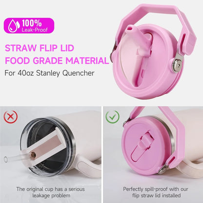 Flip Straw Lid For 40oz Stanley Tumbler Leakproof Portable Handle Lid Exact Color Detachable Flip Straw With Brush&Removal Tool