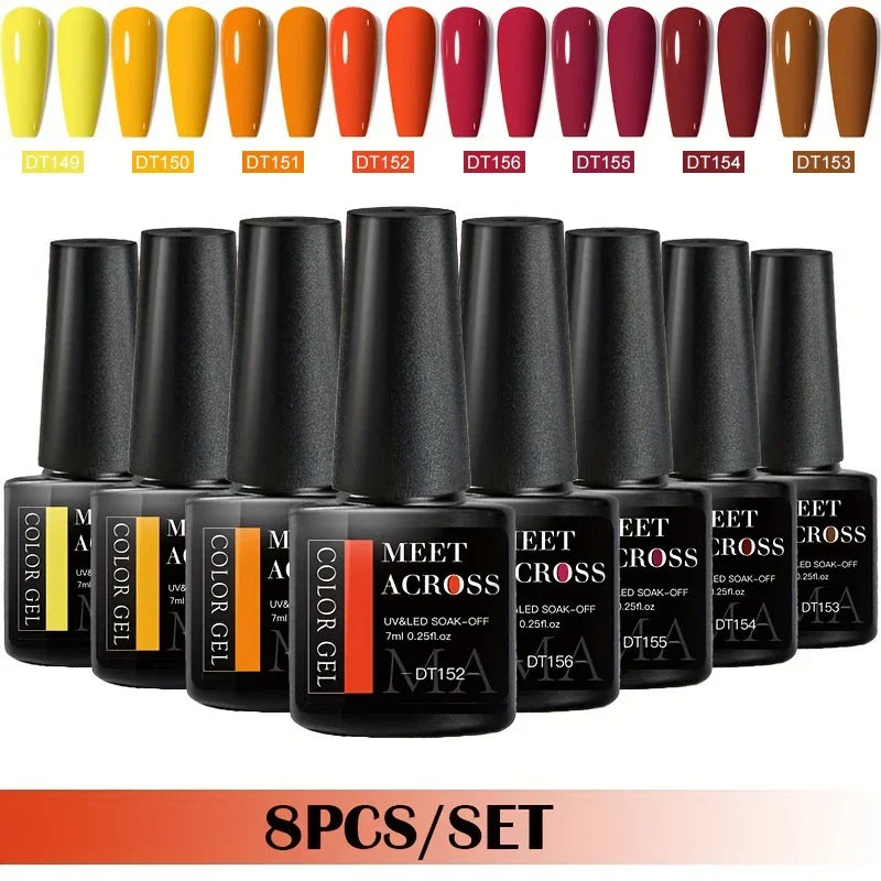 MEET ACROSS 8-teiliges Gel-Nagellack-Set für alle Jahreszeiten, Neon-Marcaron-Grün-Rot-Serie, UV-Gel-Lack-Maniküre-Set, Nagelzubehör