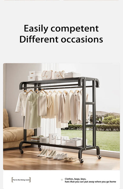 Movable Coat Rack With Universal Wheels Multifunctional Double-deck Simple Clothes Hanger Floor-Standing Bedroom Wardrobe