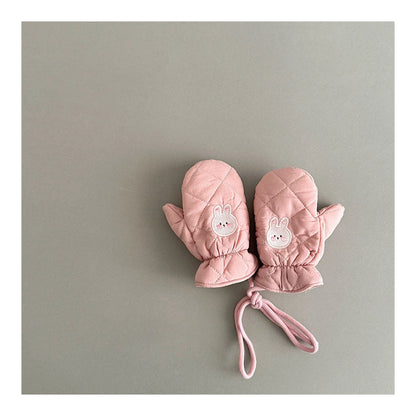 Kids Winter Gloves with Neck String - Warm Cartoon Mittens for Toddlers