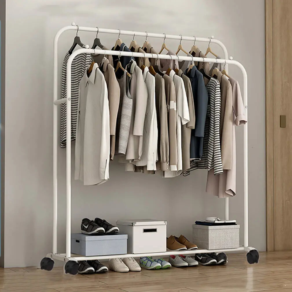 Super Strong Metal Clothing Garment Rack Cloth Hanger Display Rack Stand with Wheel and Storage Two Top Rod
