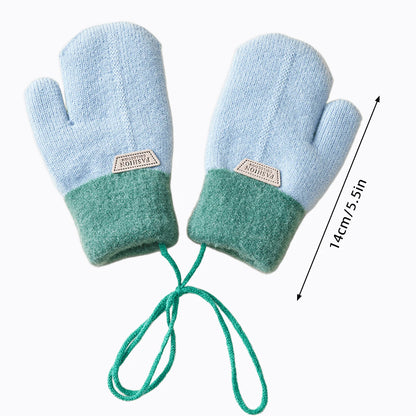 Anti Cold Warm Ski Gloves Kids Thicken Velvet Hanging Neck Mittens 1-4year Boy Girl Plush Hand Covers Children Woolen Knit Glove