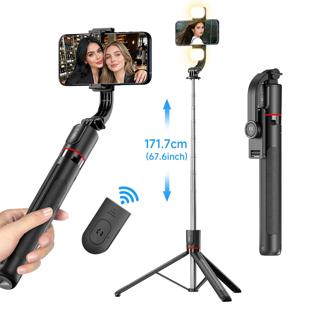 F15 Selfie Stick Tripod with Bluetooth Remote, 6-Section Extendable Pole, 360° Rotation, Fill Light Option, for Phone Vlog