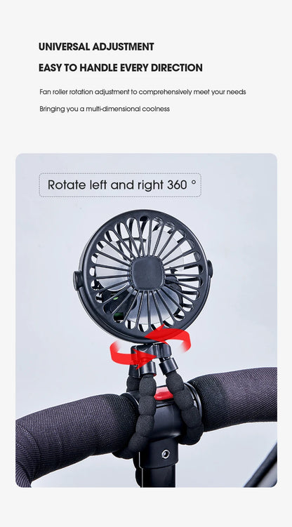HOMEFISH Portable Baby Stroller Fan Oscillating Clip-on Mini Fan USB Battery Operated with Flexible Tripod for Pram Car Seat