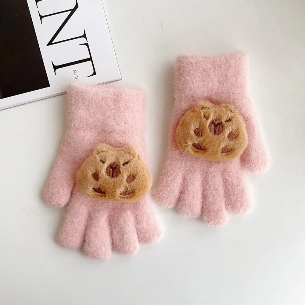 Kids Winter Gloves - 3D Capybara Plush Warm Gloves for Boys & Girls | Cold Weather Mittens