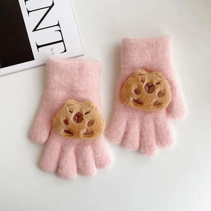Kids Winter Gloves - 3D Capybara Plush Warm Gloves for Boys & Girls | Cold Weather Mittens