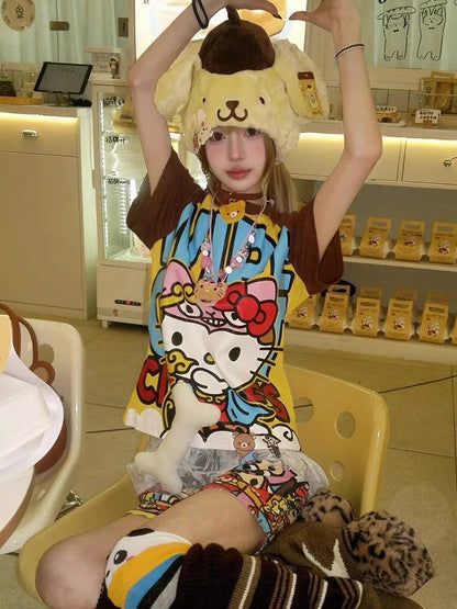 Y2K Sanrio Hello Kitty New Anime Fashion Short Tops Summer Cute Tees Cartoon Printed High Street Gothic Short Hottie T-shirts