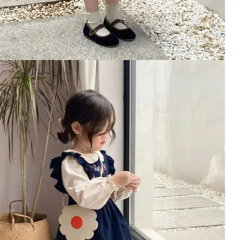 Girls Embroidered Corduroy Dress Set - Premium 2-Piece Doll Collar Shirt & Strap Skirt Outfit