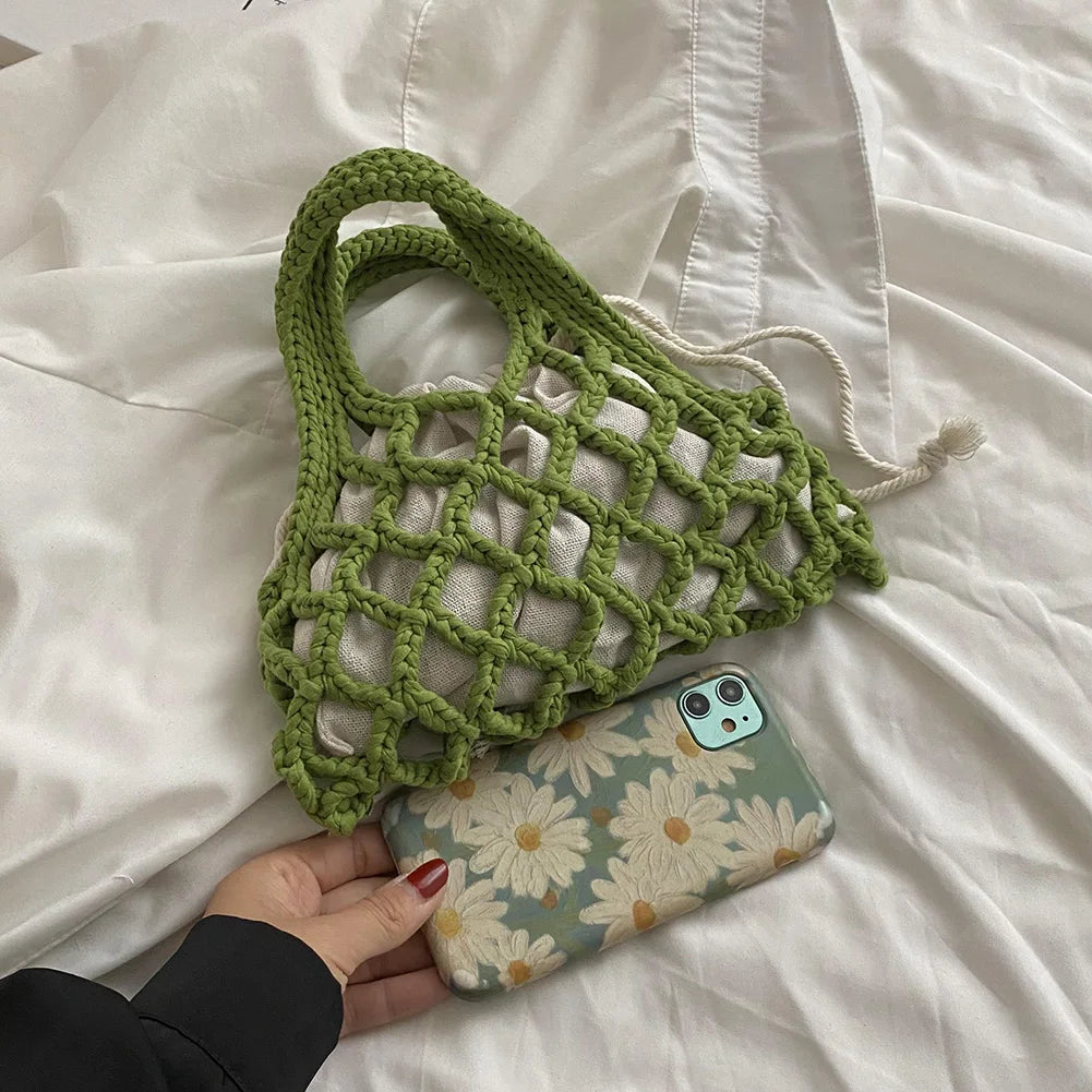 Summer Cotton Thread Woven Handbag Women Crochet Beach Bag Hollow Out Knitting Mini Top-Handle Bag Straw Mesh Boho Wristlet Bags