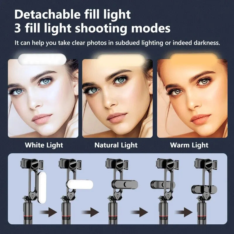 Selfie Stick with Fill Light Tripod with Bluetooth Remote Shutter Retractable Rod for iPhone Xiaomi Huawei for Phone Video Live